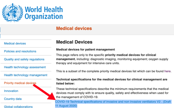 Actualización de las especificaciones técnicas de la OMS de equipos ventiladores pulmonares para COVID-19