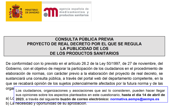 La AEMPS @AEMPSgob abre el proceso de consulta pública para el proyecto de Real Decreto de publicidad de productos sanitarios