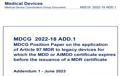 MDCG: actualizada MDCG 2022-18 con adendum 1 reforzando el documento de posición sobre la aplicación del artículo 97 MDR a los productos legacy cuyo certificado MDD o AIMDD expira antes de la expedición de un certificado MDR