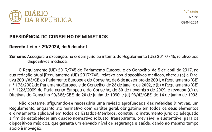 Publicado el Decreto-Lei 29/2024 que deroga la legislación previa e incluye en el orden jurídico de Portugal el reglamento MDR