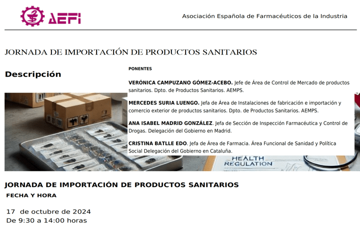 Jornada «Importación de productos sanitarios» @AEFI_es y @AEMPSgob Madrid 17 Oct 2024