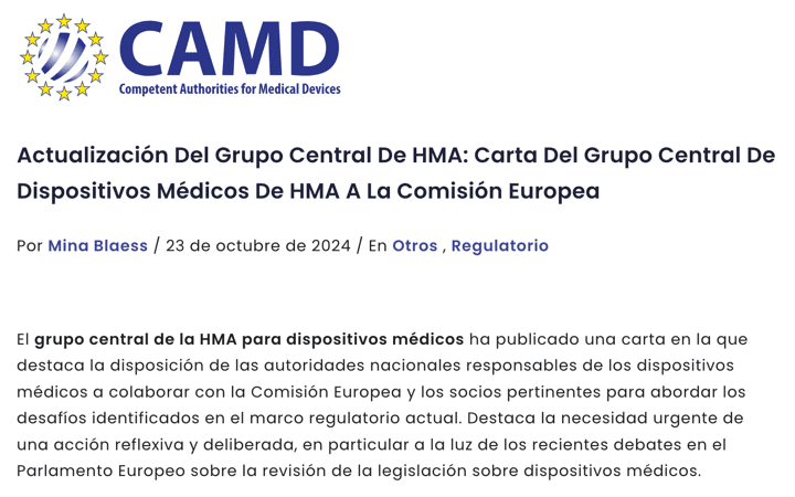 Contestación de HMA Core Group – CAMD (que incluye a @AEMPSgob ) a la Comisión Europea ( @EU_Commision ) relativa a la resolución del Parlamento Europeo «Necesidad urgente de revisar el Reglamento (MDR/IVDR) sobre los productos sanitarios  (en T1 2025)» de 23 Oct 2024
