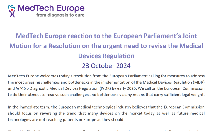 Publicación de @medtecheurope ( @FENIN_es ) relativa a la resolución del Parlamento Europeo «Necesidad urgente de revisar el Reglamento (MDR/IVDR) sobre los productos sanitarios  (en T1 2025)» de 23 Oct 2024