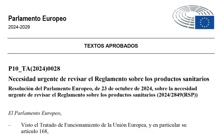 Publicación @Europarl_EN Parlamento Europeo «Necesidad urgente de revisar el Reglamento (MDR/IVDR) sobre los productos sanitarios  (en T1 2025)» 23 Oct 2024